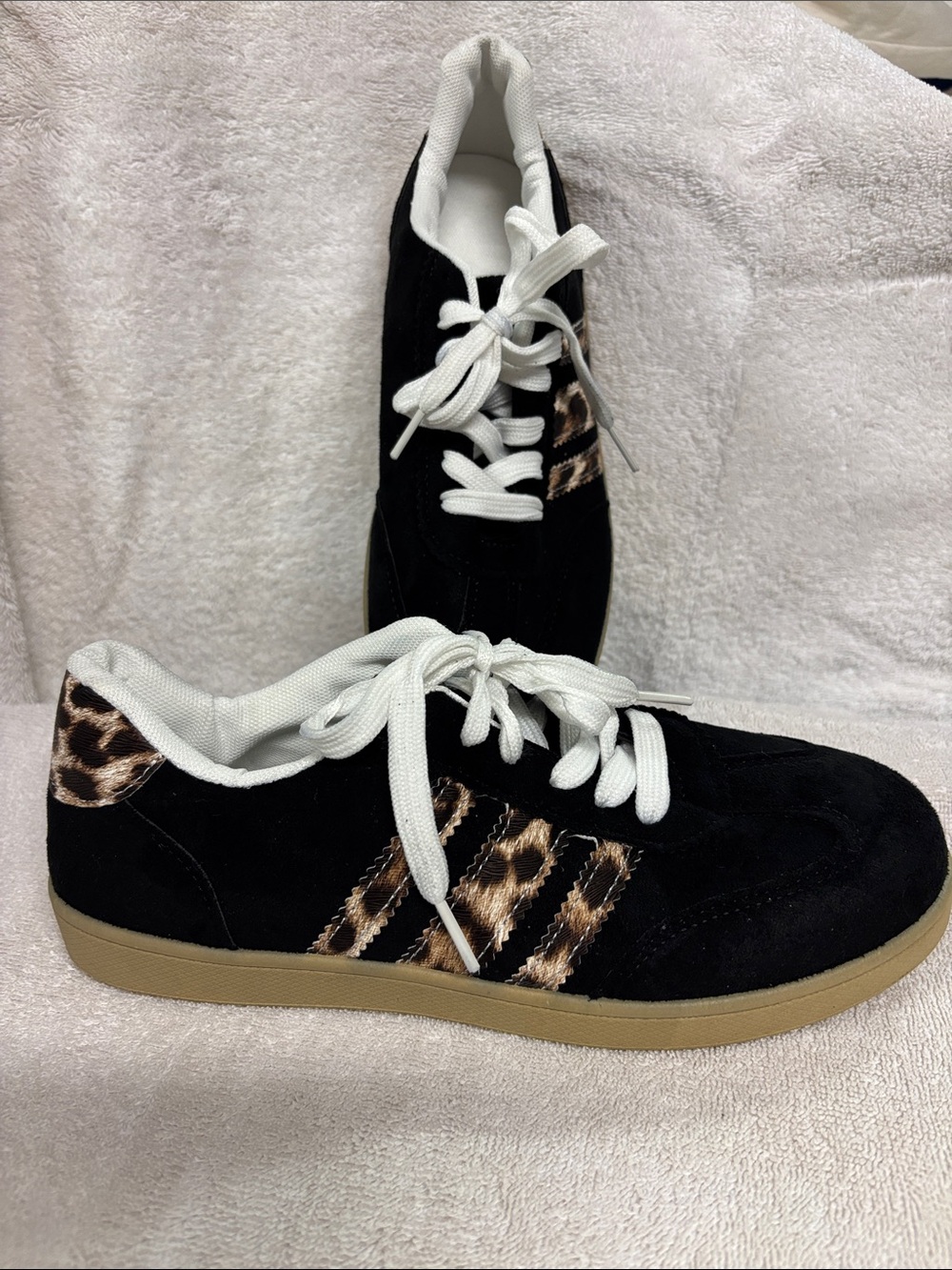 Black Faux Suede Sneakers with Leopard Accent and White Laces
